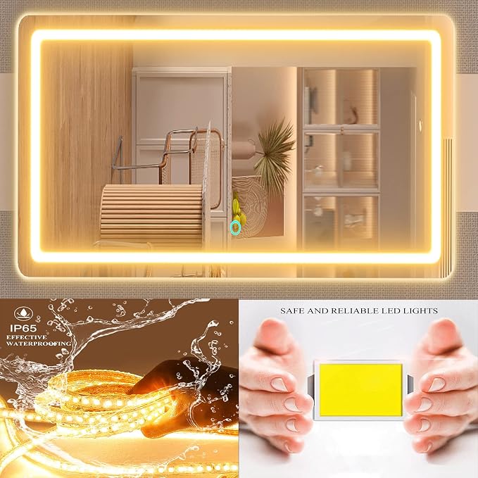 Gvnkvn Makeup Vanity Mirror with Lights 32" x 24" Large LED Makeup Mirror, Light up Mirror with 10X Magnification and USB Charging Port, Dimmable 3 Modes, Touch Screen Control Square Corner