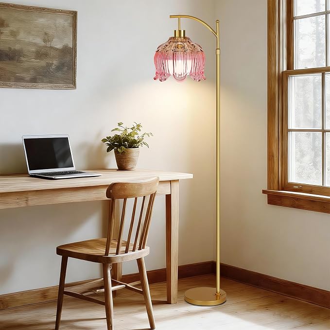 QIYIZM Pink Floor Lamp for Living Room,Bedroom,Gold Dimmable Standing Lamp with Remote,Mid Century Modern Brass Tall Lamp Boho Floor Lamps Arc Stained Glass Flower Floor Light Lamp Girls kids Bohemian