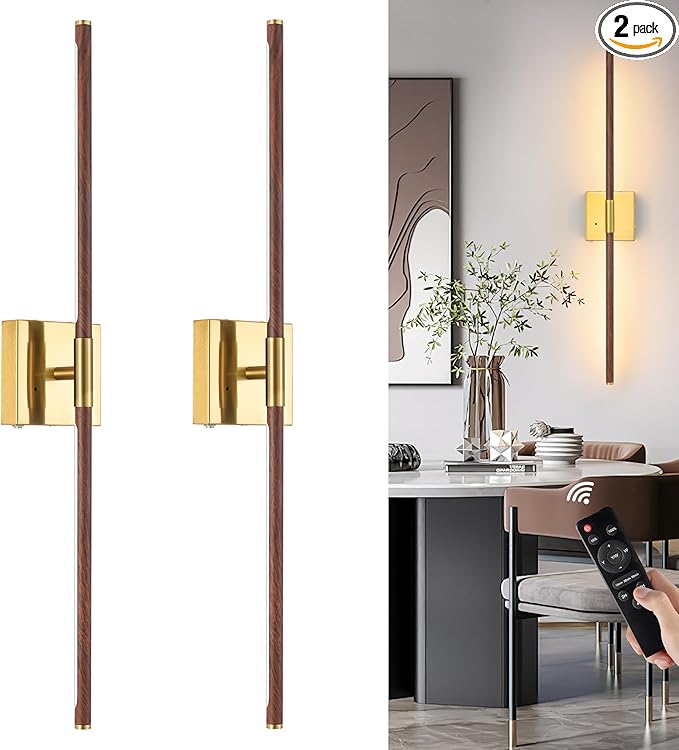 Morauroral Walnut Gold Battery Operated Wall Sconce with Remote Control, Rechargeable Wall Sconces Set of 2, LED Wireless Wall Light, Modern Sconce Wall Decor for Bedroom, Living Room
