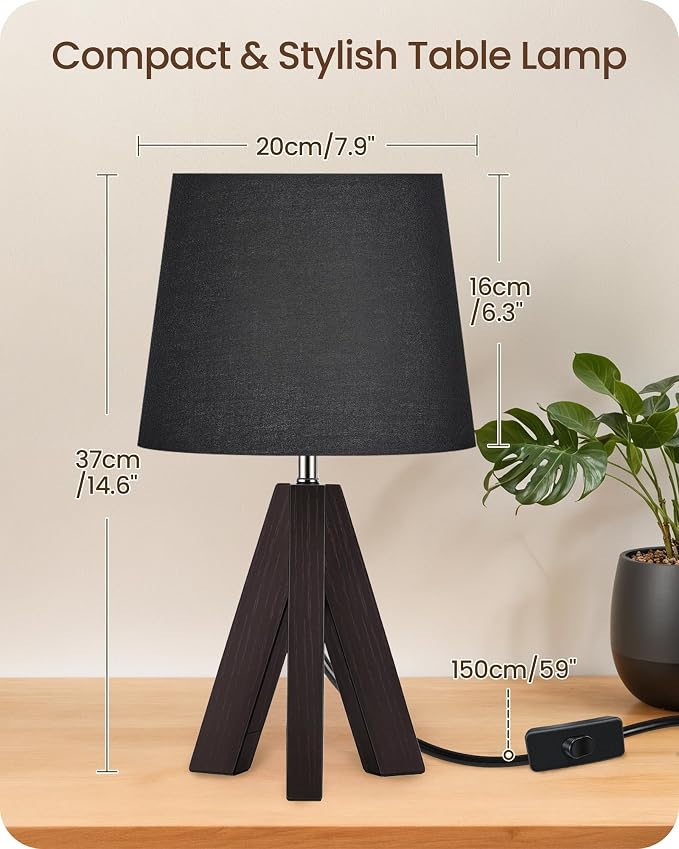 Small Table Lamp for Bedroom, 14.6" Bedside Lamp with Black Linen Shade & Walnut Wood Tripod Base, Modern Nightstand Lamp, Blak Lamp for Living Room, Nursery, Entryway, E26 Socket, VB51TL05