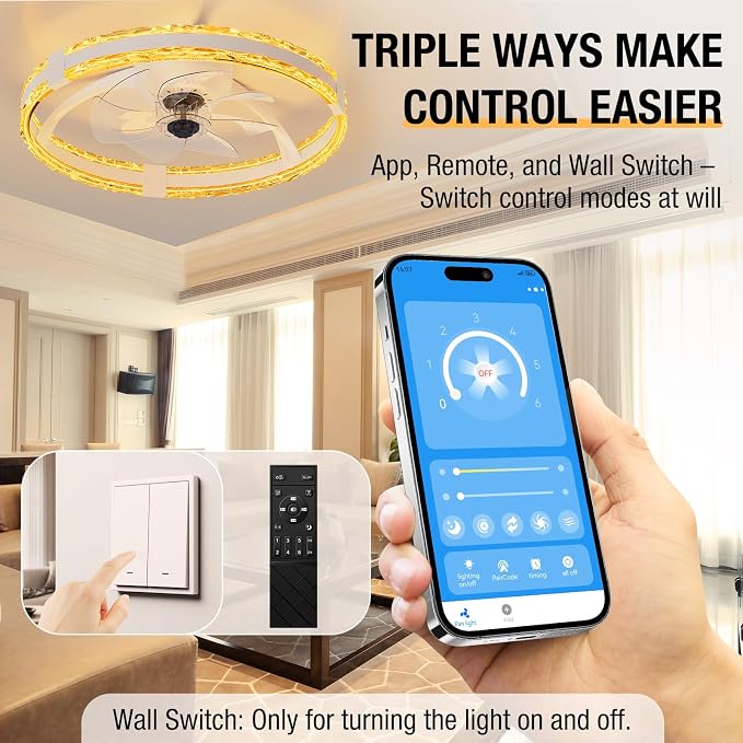 Ceiling Fans with Lights and Remote, 20'' Low Profile Flush Mount Ceiling Fan with 6 Speeds & 3 Color Temperature, 3000-6500K Dimmable Led Fandelier for Bedroom Livingroom, White