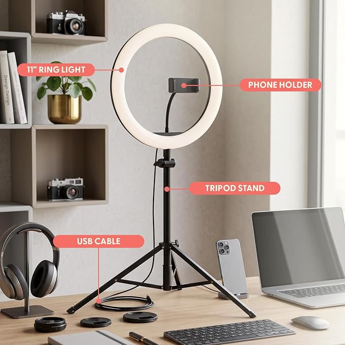11’’ LED 12W Selfie Ring Light with Wired Control, 3 Color Modes, 10 Brightness Levels, Tripod Stand with 6 Sections, Phone Holder, Adjustable Brightness Levels for Influencers, YouTube, TikTok