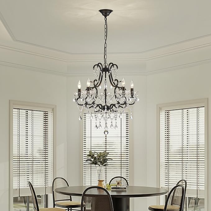 Black Crystal Chandelier, 5-Light Modern Black Chandelier for Dining Room Light Fixture, Crystal Pendant Ceiling Light Fixture, Modern Candle Chandelier for Living Room Kitchen Island Entryway Bedroom