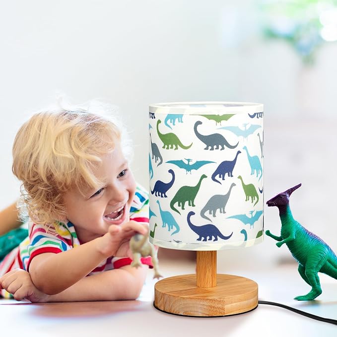 Dinosaur Kids Table Lamp for Bedroom Kids Bedside Lamp with Linen Wooden Nightstand Cartoon Nursery Lampshade for Girls Boys Living Room