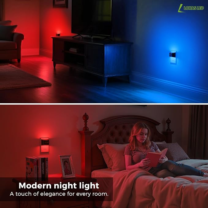 L LOHAS LED Motion Sensor Night Light, Night Lights Plug into Wall, 4 Pack | Nightlight with Dusk to Dawn & Motion Detection Sensor, 30-100Lm Adjustable Brightness, Red Light, Black Housing