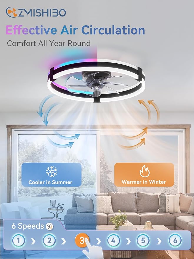 ZMISHIBO 20" RGB Low Profile Ceiling Fans with Lights and Remote, Black | Custom RGB+3CCT Dimmable, 6 Speeds, Remote/App Control, Reversible DC Motor, Memory, Timer, Modern Fandelier for Kids/Bedroom