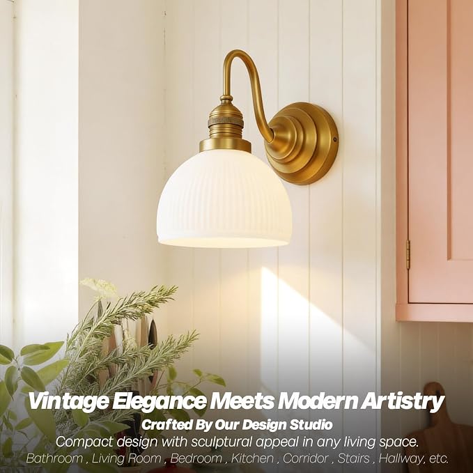 Brass Gold Wall Sconce Vintage Milk Glass Bathroom Vanity Light | Bathroom Wall Sconces,Antique Brass,Thick Half-Round Glass Shade,Hardwired,E26 Base,for Bathroom Mirror Hallway Kitchen
