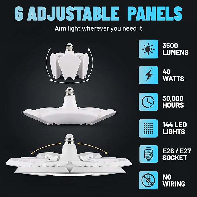 Bell+Howell Socket Burst 6 Panel Screw in LED Garage Lights | 3500LM Ultra Bright LED Shop Lights for Garage, Shed, Attic, Wrokshop, Screw-in E26/E27, 6 Light Panels, Easy to Install