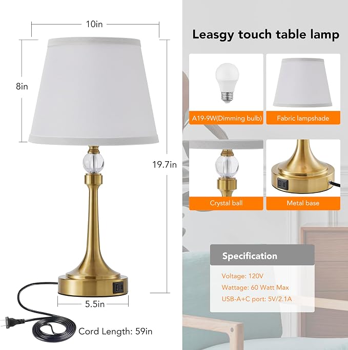 Touch Table Lamp Set of 2 with USB C+A Ports-Gold 19.7'' | 3 Way Dimmable Table Lamps for Living Room, Metal Small Lamp for Bedroom, Office, End Table, Home Decor, Bulbs Included