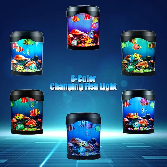 Toycol Fake Fish Lamp, LED Aquarium Sensory Light with 6 Color Changing and 7 Fake Fish, Mood-Relaxing Night Light, Exquisite Decoration for Office, Room and Party, Gifts for Kids and Adults