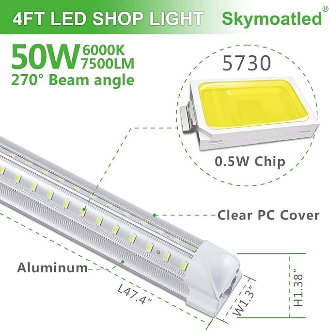 Skymoatled 8Pack 4FT LED Shop Light Garage Lights,50W 6000K 7500LM White Light,Hanging/Surface Mount,T8 4FT Tube Lamp for Warehouse Workshop Basement,Linkable LED Shop Lights,Plug and Play