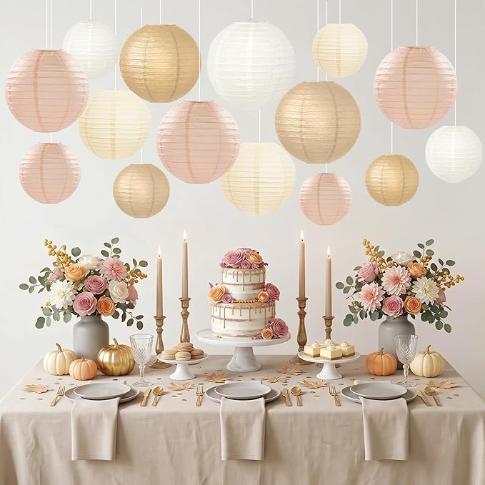 15 Pcs Boho Paper Lanterns - Champagne Gold Beige Peach 6 8 10 Inch Round Hanging Decorations for Birthday, Neutral Baby & Bridal Shower, Rustic Wedding, Fall Party