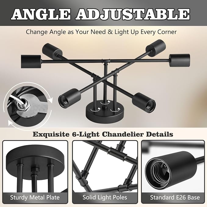 6-Light Modern Metal Ceiling Light, Black Sputnik Dining Room Light Fixture | 22" Modern Sputnik Ceiling Light Fixture with E26 Base, Chandelier Light Fixtures Ceiling Mount for Bedroom Living Room