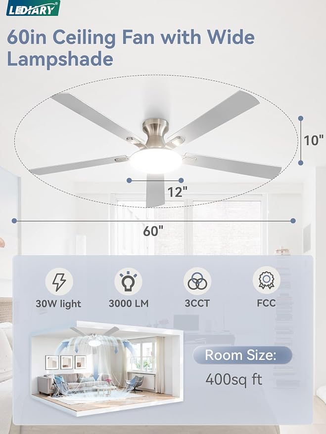 LEDIARY 60 Inch Flush Mount Ceiling Fans with Lights, Remote & APP Control | 3CCT,Stepless Dimmable,Memory Function,Timer,6-speed,Reversible Blade, Quiet DC Motor, Damp-Rated, Living Room, Covered Patio