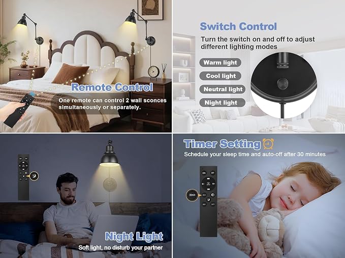 GOODATE 2 Pack Plug in Wall Sconces with Remote, Dimmable, Adjustable Colors, Swing Arm Wall Lamps, Wall Sconces Set of Two with Timer & Night Light, Plug-in or Hardwired (Black, with Bulbs+Remote)