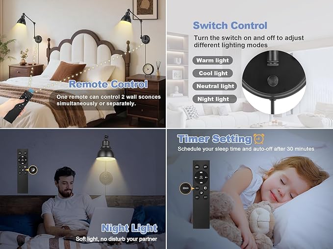 GOODATE 1 Pack Plug in Wall Sconce with Remote, Dimmable, Adjustable Colors, Swing Arm Wall Lamp, Plug in Wall Light with Timer & Night Light (Black, with Bulb+Remote)