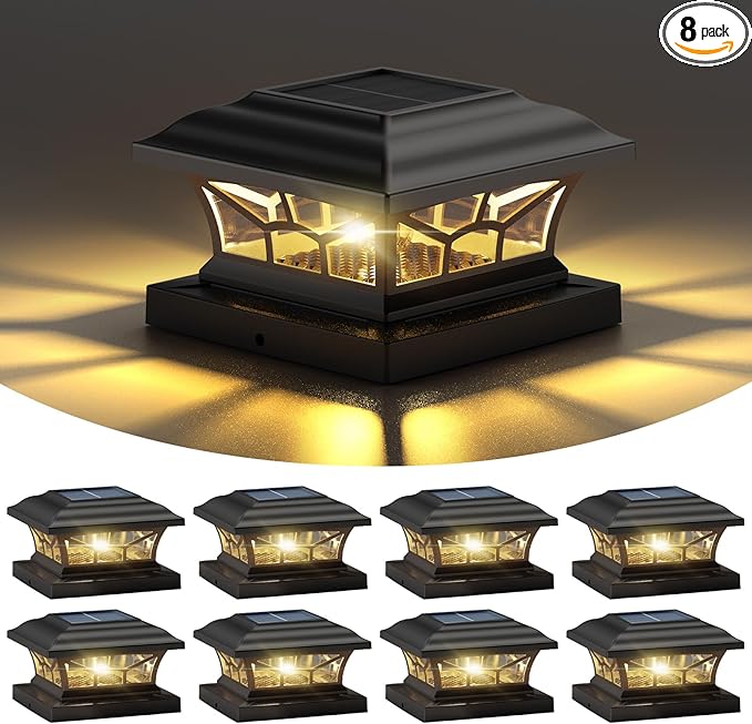 8 Pack Solar Post Cap Lights Outdoor Waterproof, Fits 4x4, 5x5, 6x6 Wooden & Vinyl Fence Decks, Edison LED Bulb with Warm & Cool White Light Modes (Classic Black, 8)