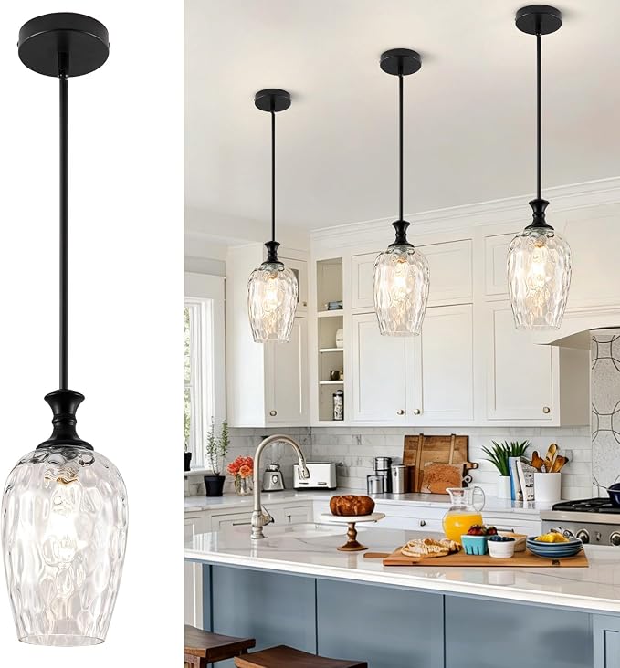 Glass Pendant Lights Kitchen Island, Modern Black Pendant Lighting Fixtures with Clear Glass Shade, Adjustable Hanging Light for Kitchen Sink, Dining Room & Bathroom (Bulbs Not Included)1 Pack