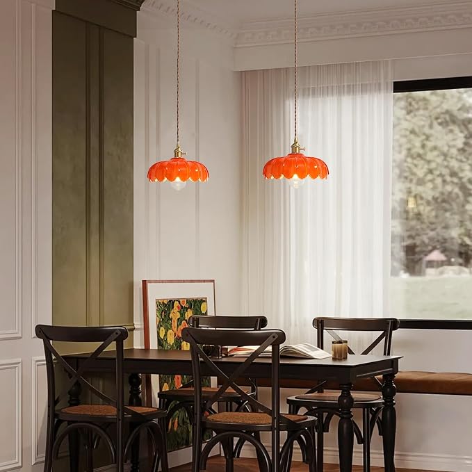 XZHGCEE Plug in Pendant Light: Hanging Light Plug in Orange Glass Hanging Lamp, Pendant Lighting for Kitchen Island, Bedroom, Dining Room, Living Room, E26 No Bulb
