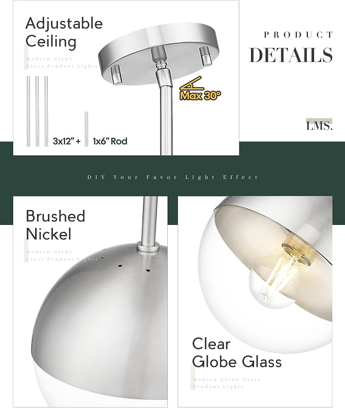 Modern 1-Light Pendant Light Fixtures, Brushed Nickel Kitchen Island Pendant Light Fixtures with Clear Globe Glass, Adjustable Hanging Rod Ceiling Light for Dining Room Bathroom, LMS-186BNC