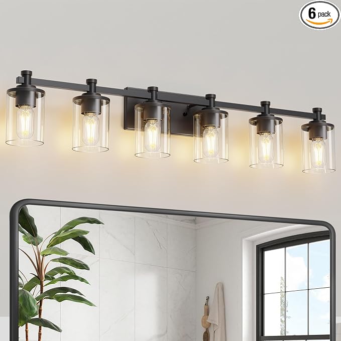 Bathroom Light Fixture, Bathroom Vanity Light Over Mirror, 6-Lights | Vanity Lights for Bathroom, Modern Lighting Fixtures with Clear Glass Shade, Black Vanity Lights, ETL Listed