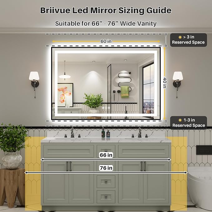 60x40 Inch LED Bathroom Mirror with Black Frame, Backlit & Front Lit | Anti-fog, 3 Color Dimmable, Memory Function, HD Reflection Tempered Glass, ETL Listed, IP54 Waterproof
