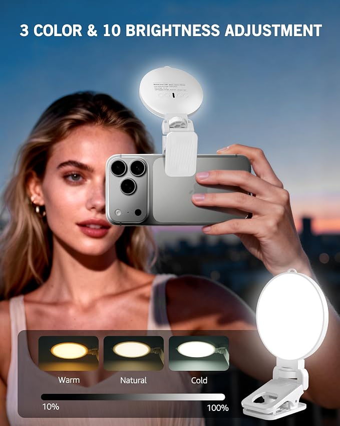 NiceVeedi 3 Color Soft Selfie Light Phone Light with Clip, Portable Edge-lit Ring Light, Rechargeable Video Conference Lighting for iPhone/Selfies/Makeup/Live Streaming/TikTok/Vlog/Zoom/Video Calls
