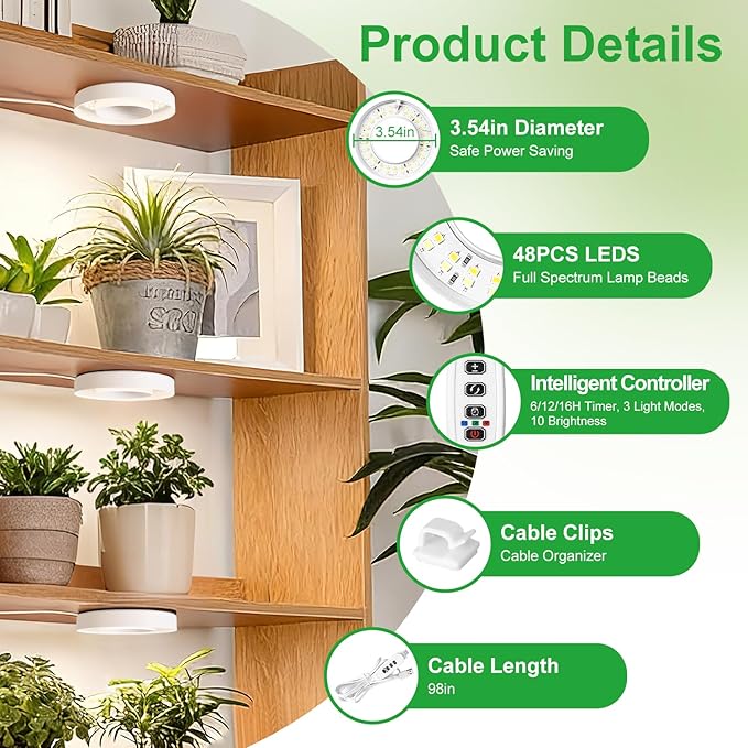 3.54" Ceiling Grow Light for Indoor Plants, Warm&White Full Spectrum Plant Light, Growing Lamp with 6/12/16H Auto Timing, 10 Dimmable Brightness Levels for Small Plants, 3Head