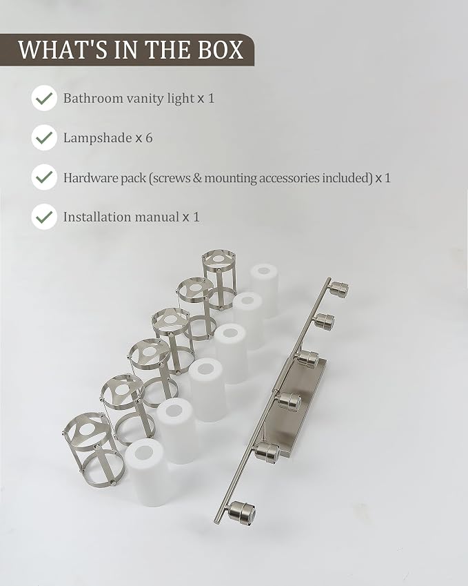 6-Light Brushed Nickel Bathroom Light Fixtures Over Mirror with Frosted Milk Glass and Metal Cage Shade, 42" UL-Listed Modern Farmhouse Wall Sconce for Bath, Hardwire E26, OS-3014BNW-6W