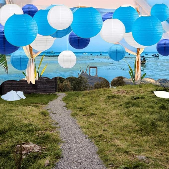 Blue Paper Lanterns Decorative,Hanging Chinese Lanterns Indoor Outdoor for Birthday, Wedding, Christmas, Bridal, Home Decor, Ceiling Decorations(Size of 4”, 6”, 8”, 10”,12Pcs)