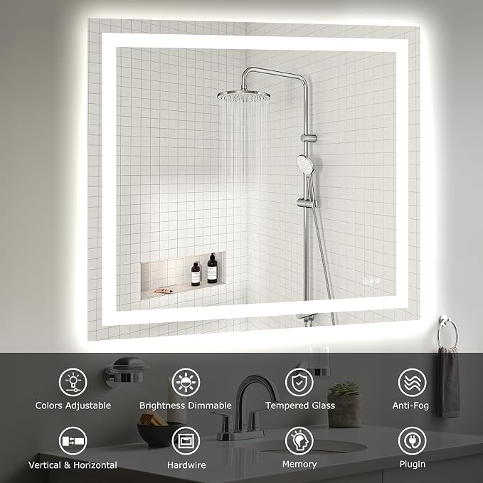 Hivone 40"X36" LED Bathroom Mirror with Lights, Anti-Fog, Dimmable, Backlit + Front Lit, Smart Bathroom Vanity Mirror, Memory Function, Shatterproof, Tempered Glass (Horizontal/Vertical)