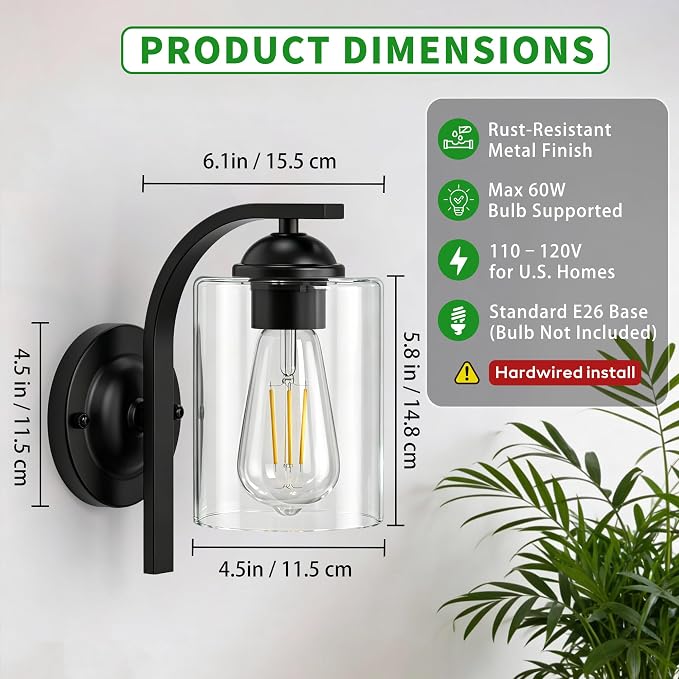 2-Pack Wall Sconces Lights Lamp for Bedroom Bathroom, Modern Vanity Light Fixtures, Black Farmhouse Wall Mount Lighting Lanterns with Clear Glass Shade for Living Room Mirror Hallway Kitchen