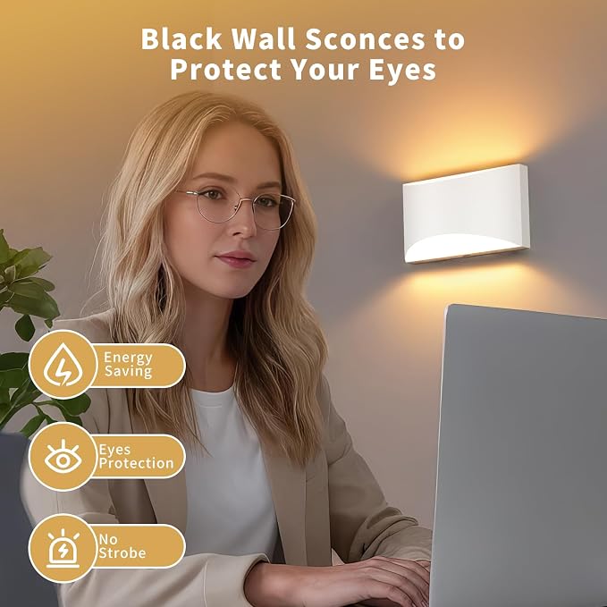 Black Modern LED Wall Sconce, 3 Colors Indoor Wall Lights, 10W Hardwired Up and Down Aluminum Wall Mount Lamp for Bedroom Living Room Hallway Corridor (White, 2 Pack)