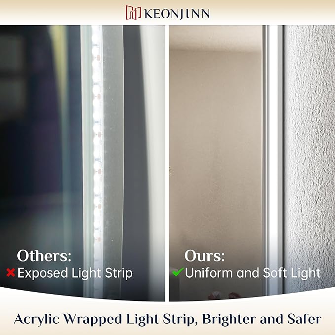 Keonjinn Backlit Mirror Bathroom 30” x 36”, Anti-Fog Mirror with Lights, CRI90+ HD Tempered Glass, Waterproof, UL Listed, Stepless Dimmable Vanity Mirror with High Lumen