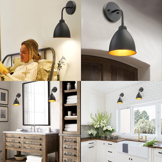 Phansthy Industrial Wall Sconce Matte Black Barn Farmhouse Wall Light Fixture with Metal Lampshade (gooseneck)