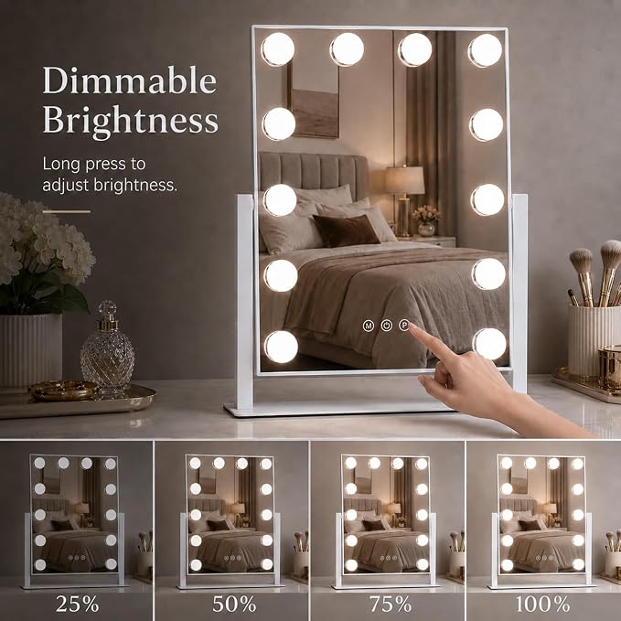 Vanity Mirror with Lights, Dimmable Desk Mirror, 12 Bulbs, 16.4'' x 13.1'' | 3 colors Lighted Makeup Mirror, Touch Control, Detachable 10X Magnification, 360 Rotation, Gift for Wife, Mom, Girls