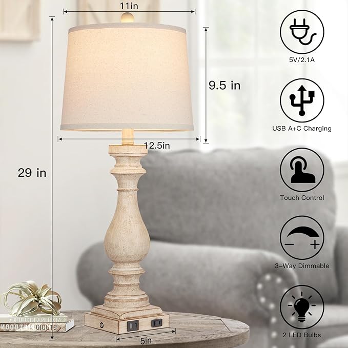 29" Tall Table Lamp for Living Room Set of 2,Farmhouse Nightstand Bedside Lamps with USB C+A Ports & AC Outlet,3-Way Dimmable Touch Control Desk Lamp for Bedroom,Color 1