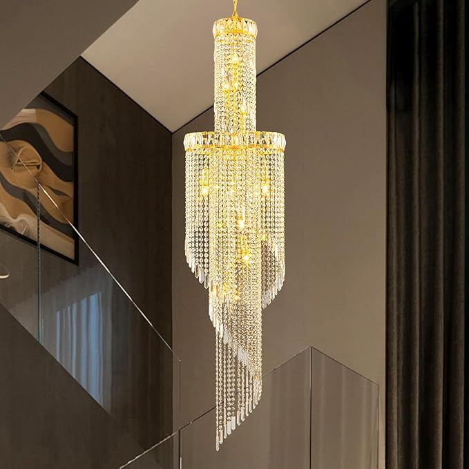 73-Inch Spiral Crystal Beaded Strands Chandelier for High Ceiling, 9-Lights Luxury Gold Foyer Pendant Light, Modern Semi-Flush Mount Ceiling Light Fixture for Entryway Staircase