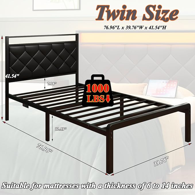Twin Bed Frame with Charging Station, LED Light and PU Leather Upholstered Headboard, Platform Bed Frame with Under-Bed Storage, Easy Assembly, Noise Free, No Box Spring Needed, Black