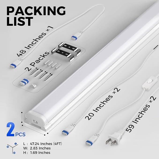 Barrina LED Shop Lights 4FT for Workshop, Garage, 45W 5000LM 6500K, 2 Packs | 4Foot for Warehouse Basement Kitchen and Workbench, Hidden Wiring, Ceiling Mount, with ON/Off, Linkable to 4, Frosted Cover