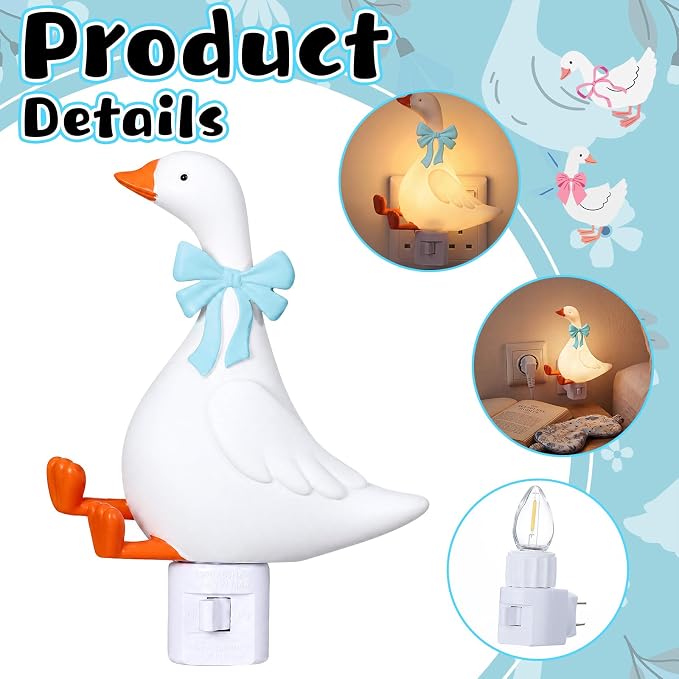 Gerrii Silly Goose Night Light Plug in Blue Bow Decorative LED Night Lights Dusk to DAW Cute Goose Decor for Nursery, Kids Bedroom, Bathroom, Birthday Gift Nightlight