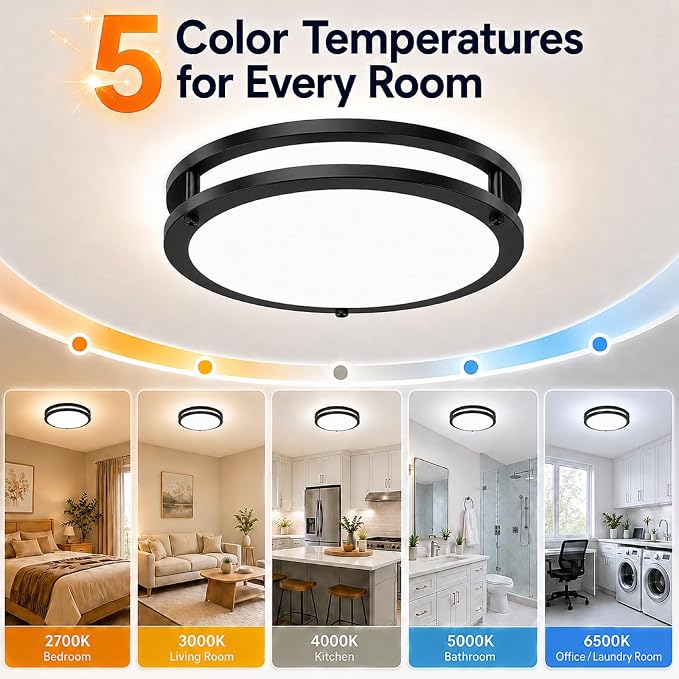 13in 36W Black Dimmable LED Ceiling Lights, 2-Pack 3600lm Super Bright Modern Flush Mount Light Fixtures, 2700K-6500K Adjustable Round Ceiling Lamps for Hallway Laundry Room Commercial Residential Use