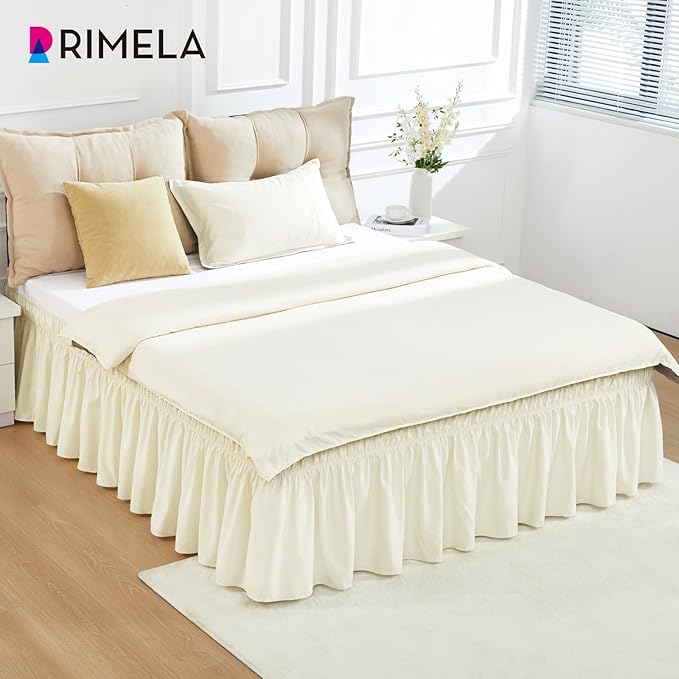 RIMELA Ivory Bed Skirt Queen Size 15 Inch Drop, Elastic Bed Skirting for Bed Base and Frame, Bedding Dust Ruffle Easy to Install, Lightweight Wrap Around Adjustable Bedskirt