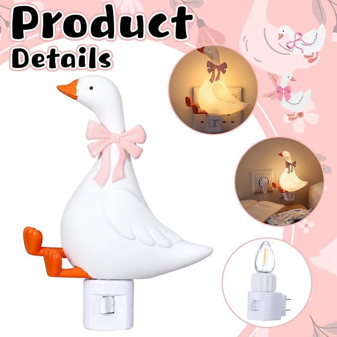 Gerrii Silly Goose Night Light Plug in Pink Bow Decorative LED Night Lights Dusk to DAW Cute Goose Decor for Nursery, Kids Bedroom, Bathroom, Birthday Gift Nightlight