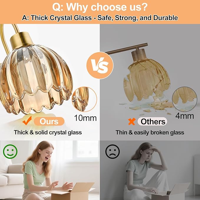 Bathroom Light Fixtures, 2-Light Brushed Gold Vanity Lights for Bathroom with Ribbed Amber Tulip Glass Shade, Vanity Lights Over Mirror for Bedroom, Living Room, Hallway