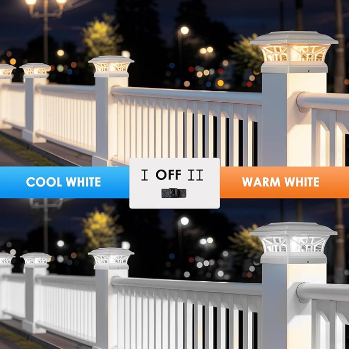 2 Pack Solar Post Cap Lights Outdoor Waterproof, Fits 4x4, 5x5, 6x6 Wooden & Vinyl Fence Decks, Edison LED Bulb with Warm & Cool White Light Modes (Classic White, 2)