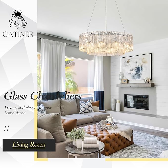 Modern 24” Chrome Chandeliers 10-Light Crystal Glass Round Chandelier Luxury Drum Ceiling Pendant Light Fixtures 2 Tiers Hanging Lighting for Dining Room Foyer Living Room Bedroom