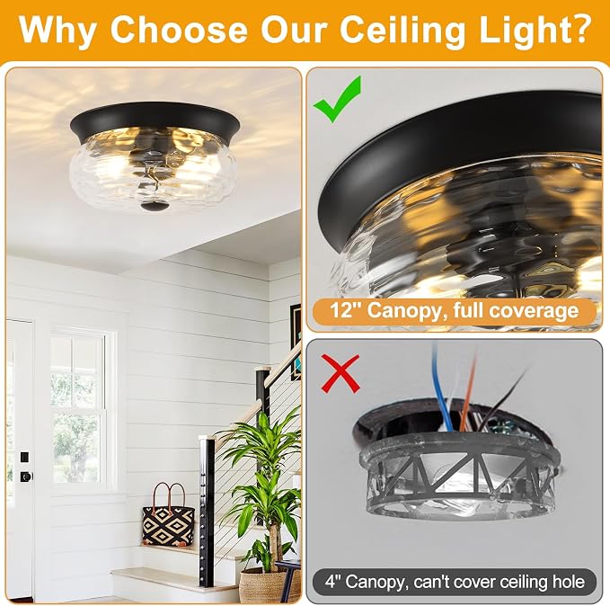 Black Flush Mount Ceiling Light Fixtures, 2-Light Ceiling Mount for Modern with Clear Hammered Glass Shade, Industrial Flush Mount Light Fixture Farmhouse for Hallway Kitchen Bedroom Entryway Foyer