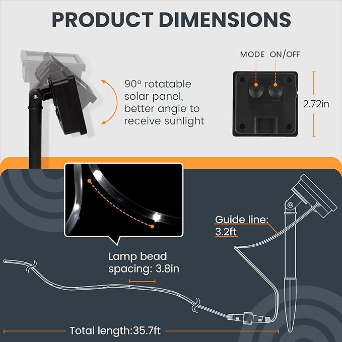 GIGALUMI 2 Pack LED Solar Rope String Lights Outdoor Waterproof, Cool White | Total 72FT 200LED, 8 Modes IP65, Solar Strip Lights for Outside Tree Fence Railing, Decorative Lighting for Patio Yard Porch