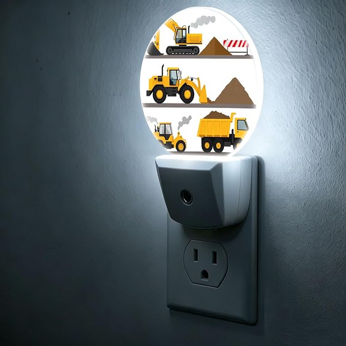 Nightlight Construction Yellow Cartoon Plug-in Night Lights Dusk to Dawn | Excavator Digger Night Light LED Round Lamp with Auto on/off Sensor for Kitchen Hallway Bedroom Bathroom
